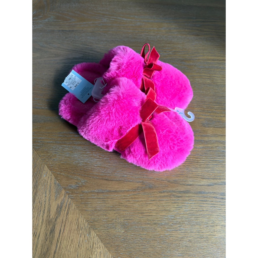 Cat & Jack Girls Pink Faux Fur Slippers Red Velvet Bow Size L 4/5 New